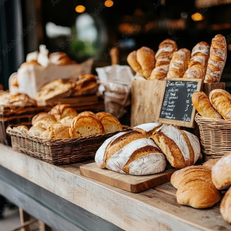 countertop with several kinds of bakery bread